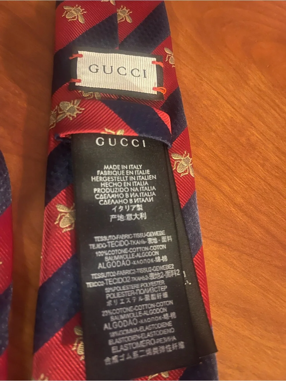 Gucci Red & Navy Striped Tie with Gold Bee Motif